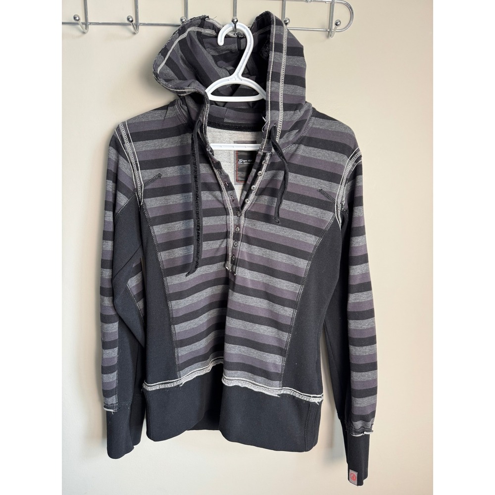 Giga DX Killtec Striped Henley Hoodie Streetwear Black Grey Goth Grunge Skater